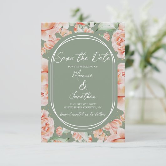 Rustieke Sage Groene Blush Bloemen Bruiloft Save The Date (Staand voorkant)