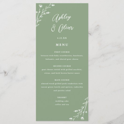Rustieke Sage Groene Botanische Bruiloft Menu Kaar (Voorkant)