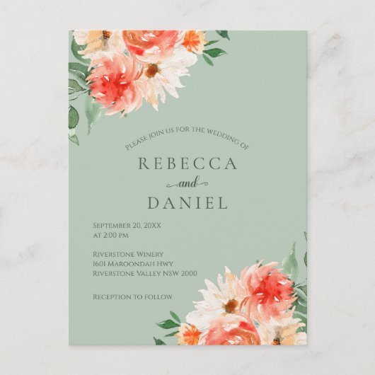 Rustieke Sage Groene en Oranje Bloemen Boho Bruilo Briefkaart (Voorkant)