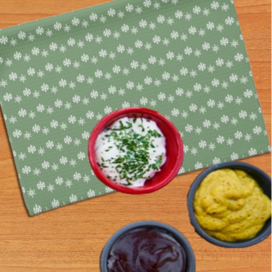 Rustieke Sage Groene en Witte Sneeuwvlokken Theedoek