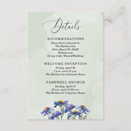 Rustieke Sage Groene & Paarse Daisies Bruiloft Det Informatiekaartje (Voorkant)