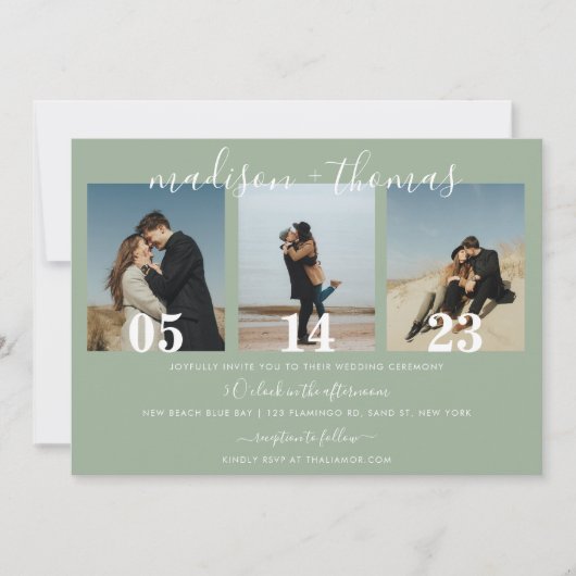 Rustieke Sage Groene Script Foto Collage Bruiloft Kaart (Voorkant)