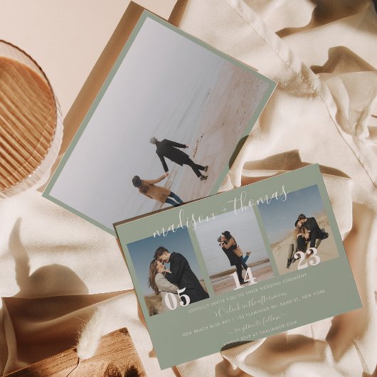 Rustieke Sage Groene Script Foto Collage Bruiloft Kaart