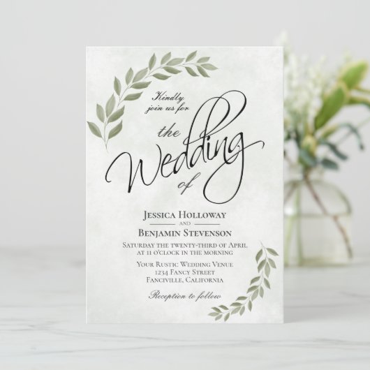 Rustieke Sage Groene Waterverf laat chique bruilof Kaart (Staand voorkant)