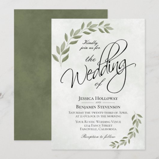 Rustieke Sage Groene Waterverf laat chique bruilof Kaart (Voorkant / Achterkant)