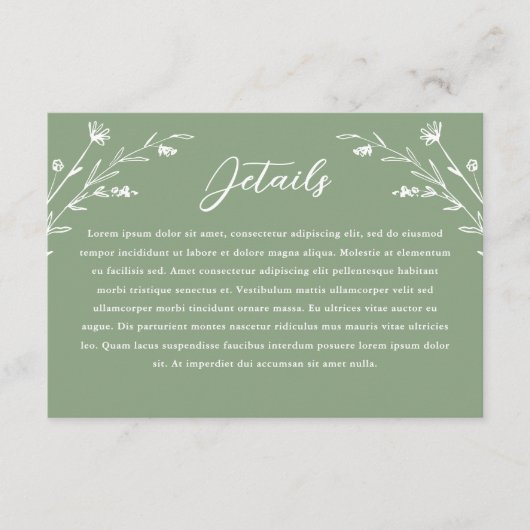 Rustieke Sage Groene Wildbloem Bruiloft Details Informatiekaartje (Voorkant)