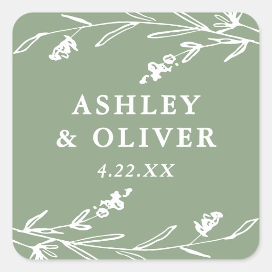 Rustieke Sage Groene Wildbloem Bruiloft Favor Vierkante Sticker (Voorkant)