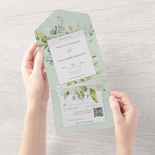 Rustieke Sage Natuurlijke Groen QR Code All In One Uitnodiging (Afscheurbaar)