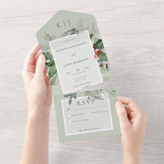 Rustieke Sage Winter Holly & Pine Geen Diner All In One Uitnodiging (Afscheurbaar)