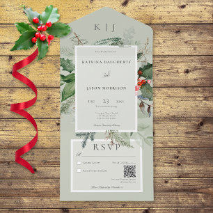 Rustieke Sage Winter Holly & Pine QR Code All In One Uitnodiging