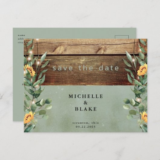 Rustieke Sage Zonnebloemen & Lichten Save the Date Briefkaart (Voorkant / Achterkant)
