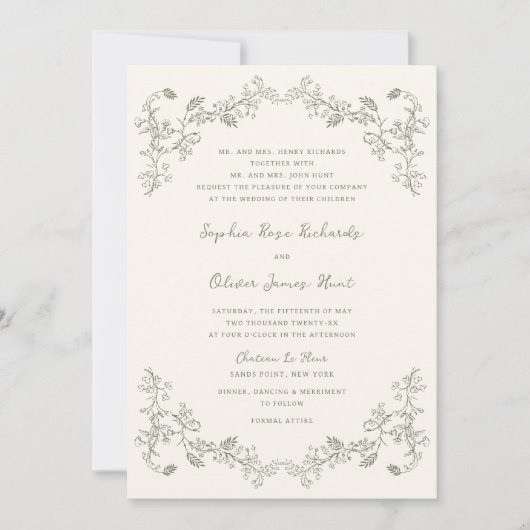 Rustieke Salie Bloemen Line Art Wedding Kaart (Voorkant)