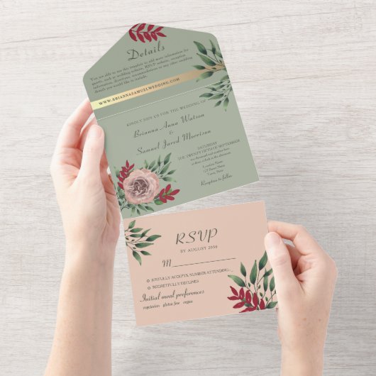 Rustieke salie en roze bloemenbruiloft all in one uitnodiging (Afscheurbaar)