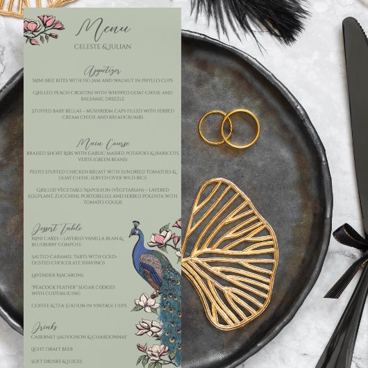 Rustieke Salie Groen Bloemen Pauw Vogel Wedding Me Menu