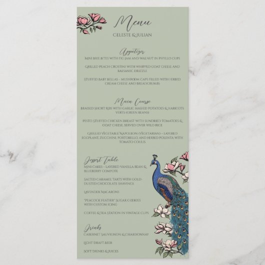 Rustieke Salie Groen Bloemen Pauw Vogel Wedding Me Menu (Voorkant)