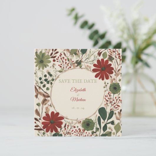 Rustieke salie groen en bordeauxrode bloemen herfs kaart (Staand voorkant)