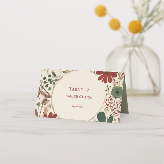 Rustieke salie groen en bordeauxrode bloemen herfs plaatskaartje (Voorkant)