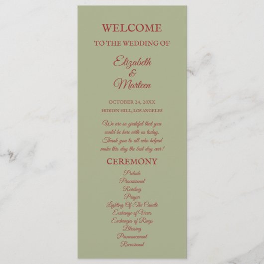 Rustieke salie groen en bordeauxrode bloemen herfs programmakaart (Voorkant)