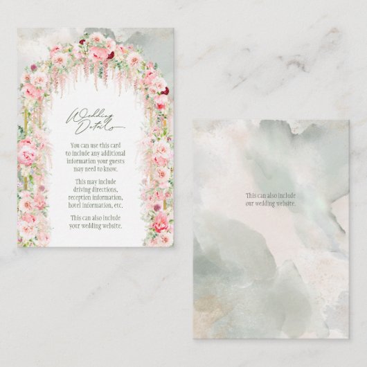Rustieke salie groen, roze bloemenboog bruiloft de informatiekaartje (Voorkant / Achterkant)