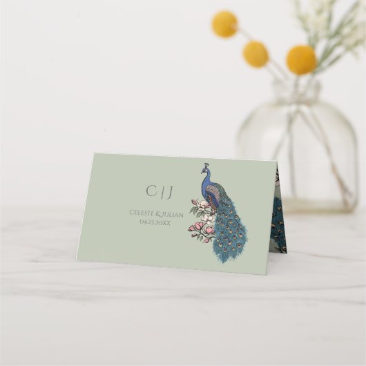 Rustieke salie groene bloem pauw bruiloft plaatskaartje (Achterkant)