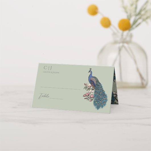 Rustieke salie groene bloem pauw bruiloft plaatskaartje (Voorkant)