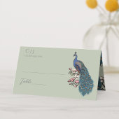 Rustieke salie groene bloem pauw bruiloft plaatskaartje