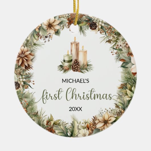 Rustieke salie groene en beige kerstkaarsen keramisch ornament (Voorkant)