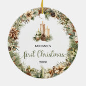 Rustieke salie groene en beige kerstkaarsen keramisch ornament (Achterkant)