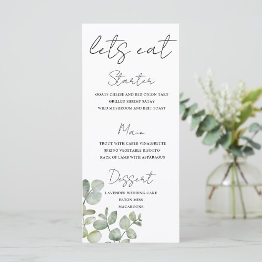 Rustieke Salie Groene Eucalyptus Trouwmenu Menu (Staand voorkant)