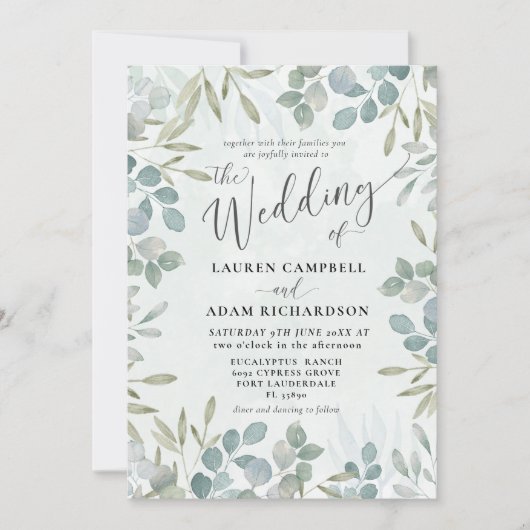 Rustieke Salie Groene Eucalyptus Waterverf Bruilof Kaart (Voorkant)