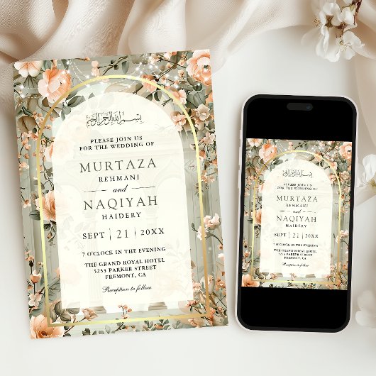 Rustieke Salie Groene Perzik Bloemen Moslim Bruilo Kaart