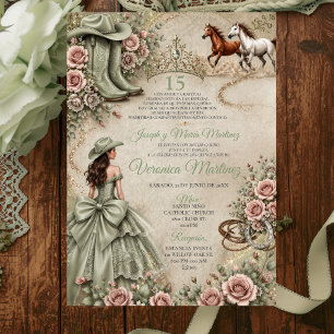 Rustieke Salie Groene Prinses Westerse Quinceañera Kaart