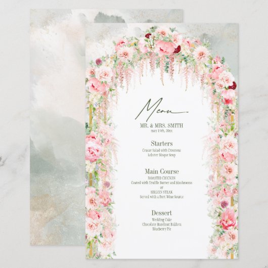 Rustieke Saliegroen & Roze Bloemboog Trouwmenu (Voorkant / Achterkant)