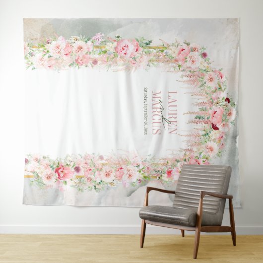 Rustieke Saliegroen & Roze Bloemboog Wandkleed (In Situ (horizontaal))