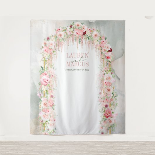 Rustieke Saliegroen & Roze Bloemboog Wandkleed (Voorkant)