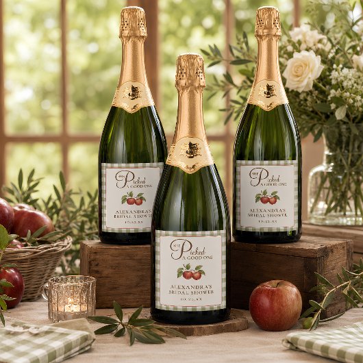 Rustieke saliegroene geruite appel bruiloftsborrel sparkling wijnetiket