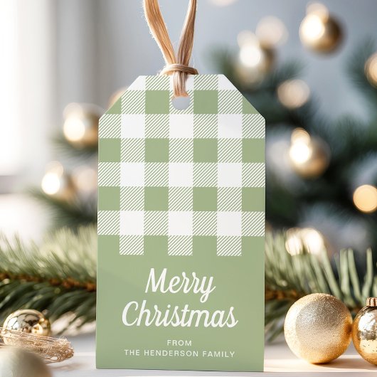 Rustieke saliegroene geruite vrolijke kerst cadeaulabel