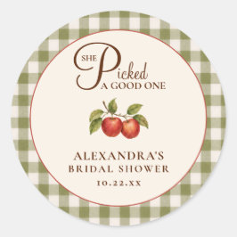 Rustieke Saliegroene Gingham Appel Bruiloftsborrel Ronde Sticker