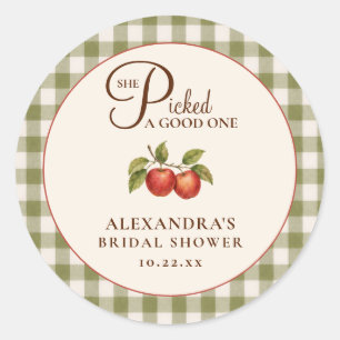 Rustieke Saliegroene Gingham Appel Bruiloftsborrel Ronde Sticker
