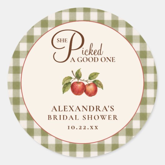 Rustieke Saliegroene Gingham Appel Bruiloftsborrel Ronde Sticker (Voorkant)