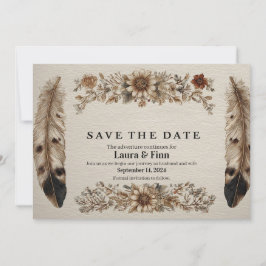Rustieke "Save the Date"-kaart met veren en bloeme Kaart