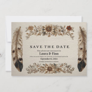 Rustieke "Save the Date"-kaart met veren en bloeme Kaart