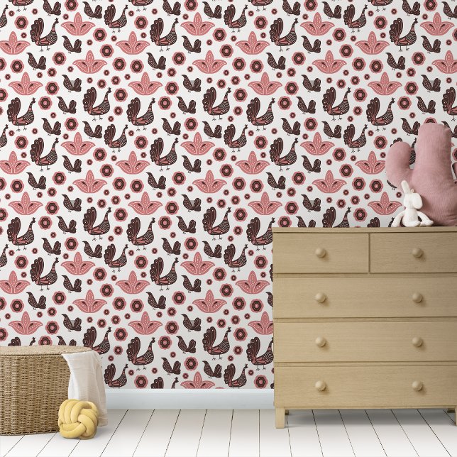 Rustieke Scandinavische folklore Nordic Birds Behang (Rustic Scandinavian Folklore Nordic Birds Wallpaper)