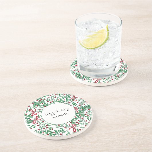 Rustieke Schattigee Mistletoe Waterverf Handgeschi Zandsteen Onderzetter (Zijkant)