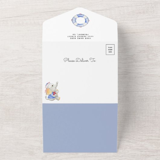 Rustieke Schattigee olifant nautische boot Baby sh All In One Uitnodiging (Buitenkant)