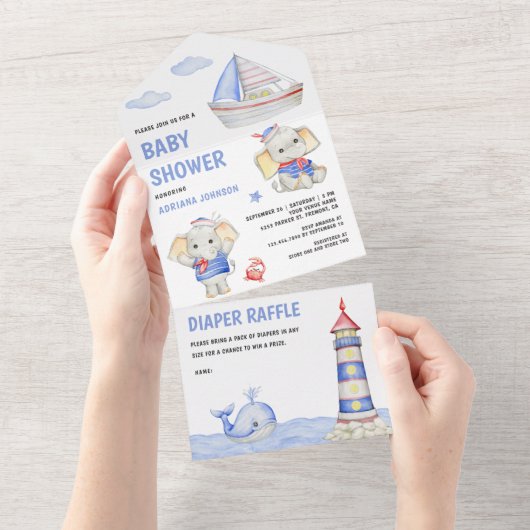 Rustieke Schattigee olifant nautische boot Baby sh All In One Uitnodiging (Afscheurbaar)