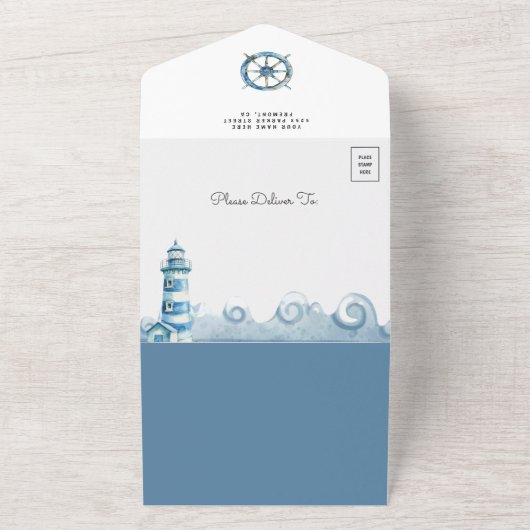 Rustieke Schattigee Teddybeer Nautische Boot Baby All In One Uitnodiging (Buitenkant)