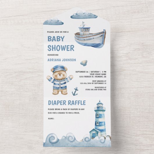 Rustieke Schattigee Teddybeer Nautische Boot Baby  All In One Uitnodiging (Binnen)