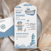 Rustieke Schattigee Teddybeer Nautische Boot Baby All In One Uitnodiging