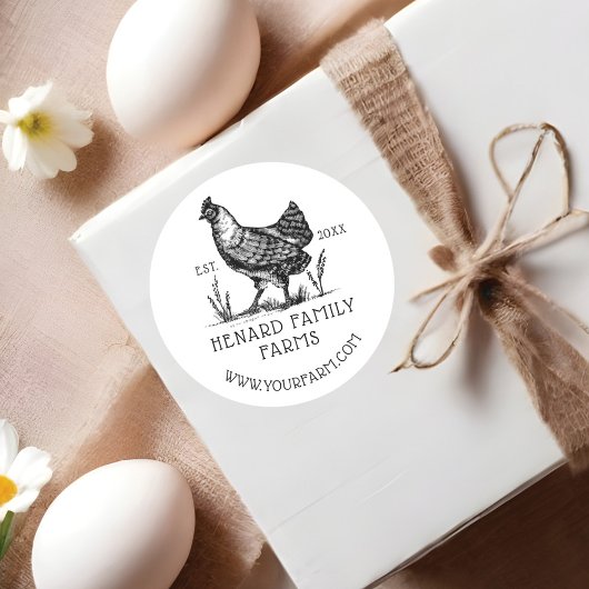 Rustieke  schets Boerderij Hen Dusty White Ronde Sticker